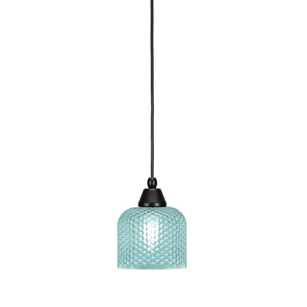 Bryson 6 in. 1-Light Matte Black Cord Pendant Light with 6 in. Turquoise Te