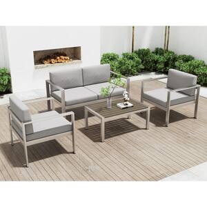 4-Piece Outdoor Aluminum Modern Sofa Seating Group Patio Conversation Set with Gray Cushions