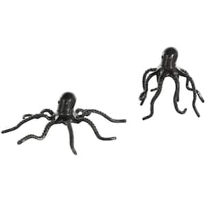 Black Aluminum Metal Octopus Sculpture with Textured Tentacles (Set of 2)