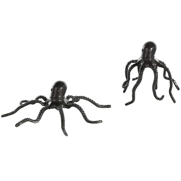Litton Lane Black Aluminum Metal Octopus Sculpture with Textured Tentacles (Set of 2)