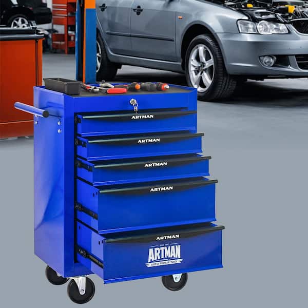 13 in. W 5 Drawers Rolling Metal Black and Blue Tool Carts w/ Ball Bearing Drawer Slides & Steel Tool Storage Organizer