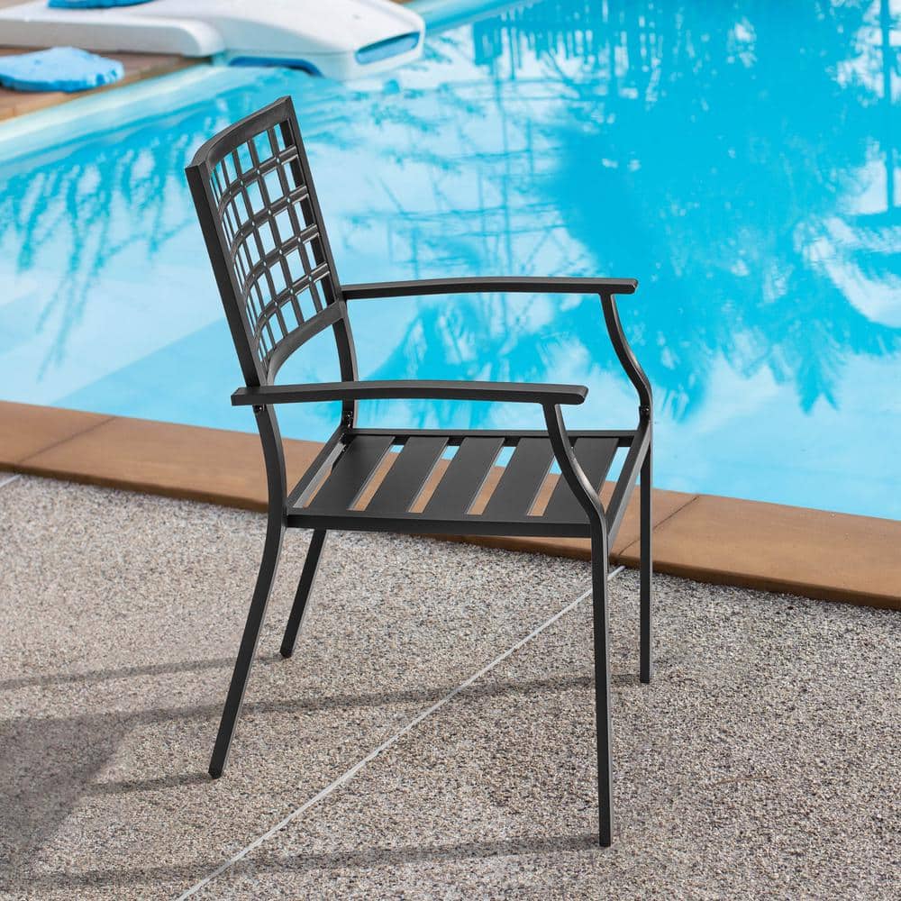 Black Wrought Iron Stackable Outdoor Dining Chairs with Armrest, Set of 2