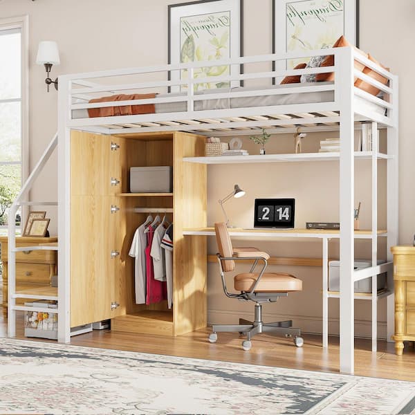 Nestfair White Twin Size Metal Loft Bed with Desk, Shelf, Wardrobe and Storage Staircase