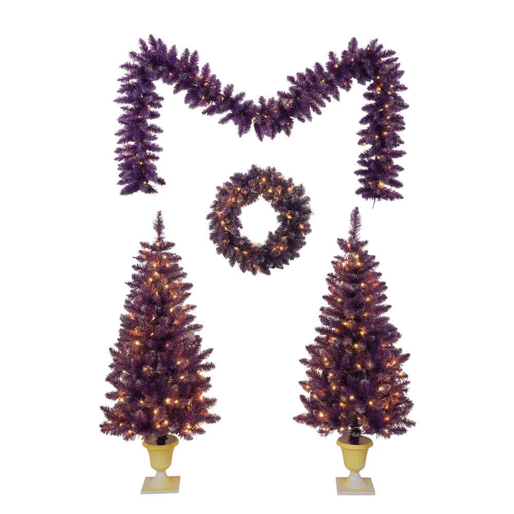 4 ft. Pre-Lit Artificial Christmas Tree Set with Garland, Wreath and 2 LED 