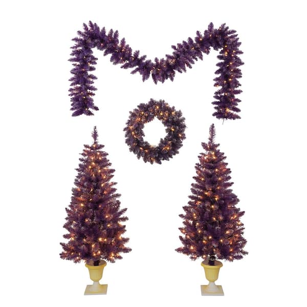Unbranded 4 ft. Pre-Lit Artificial Christmas Tree Set with Garland, Wreath and 2 LED X-mas Trees, Festival Celebration Set, Purple