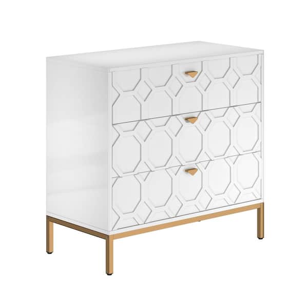 Honeycomb Wooden 3-Drawer Storage Cabinet Table in White