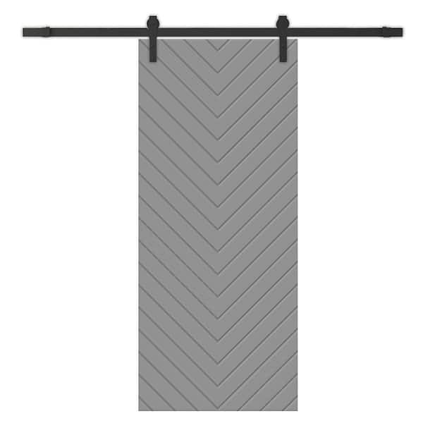 CALHOME Herringbone 42 in. x 84 in. Fully Assembled Light Gray Painted MDF Modern Sliding Barn Door with Hardware Kit