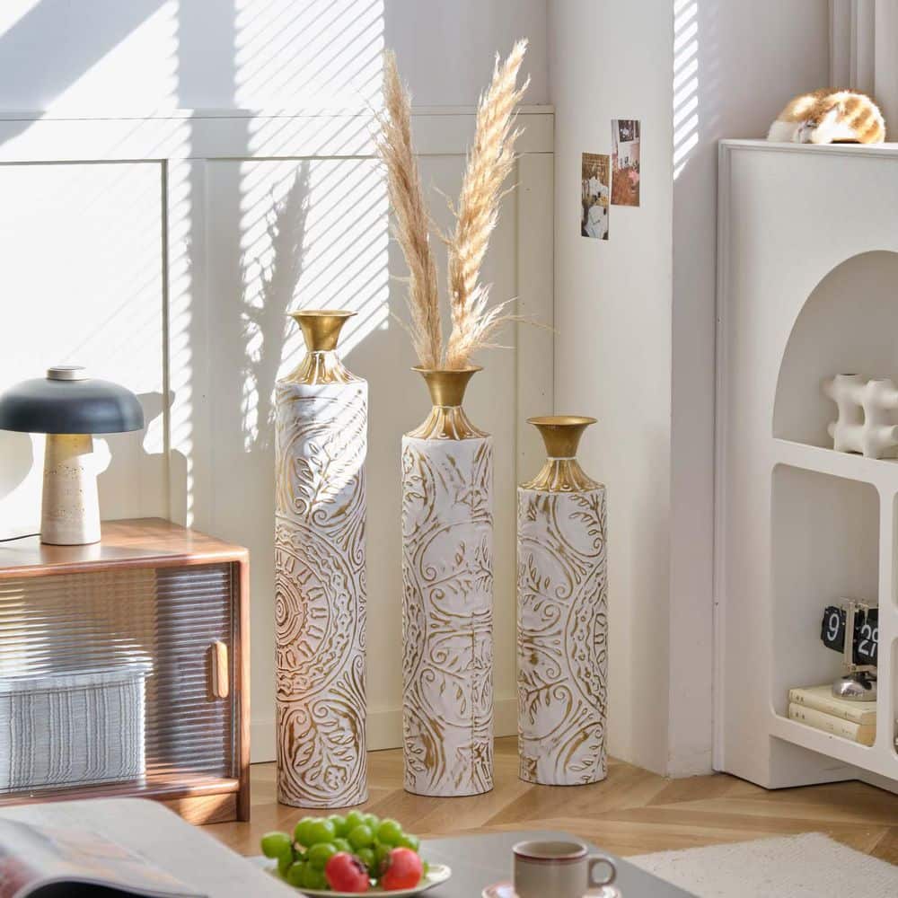 Metal Floor Standing Large Vases Set of 3-Decor White Metal Vases or Decora