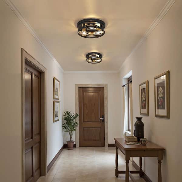 12.6 in. 3-Light Black and Gold Farmhouse Flush Mount Ceiling Light for Bedroom, Kitchen, Hallway