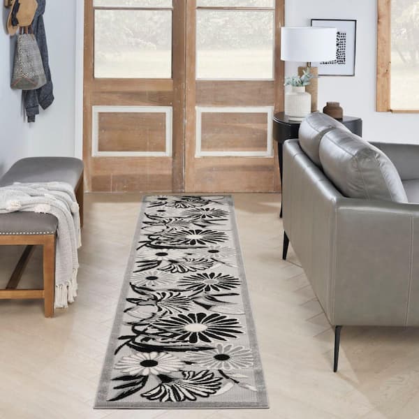 Aloha Black White 2 ft. x 6 ft. Botanical Contemporary Runner Area Rug