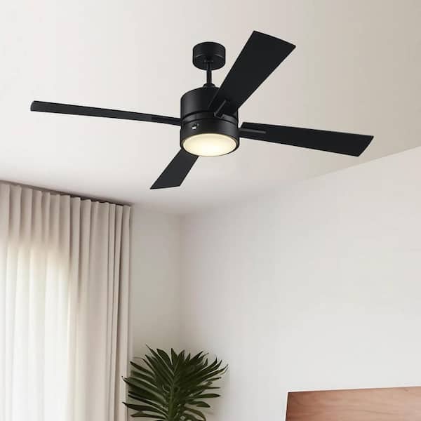 52 in. Indoor Black Downrod Mount 4-Blade Standard Ceiling Fan with Integrated LED Light Kit, Wall Switch Included