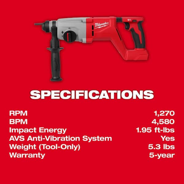 Milwaukee M18 18V Lithium-Ion Brushless Cordless 1 in. SDS-Plus D-Handle Rotary Hammer w/Rocket Tower Light & (2) 6.0Ah Batteries