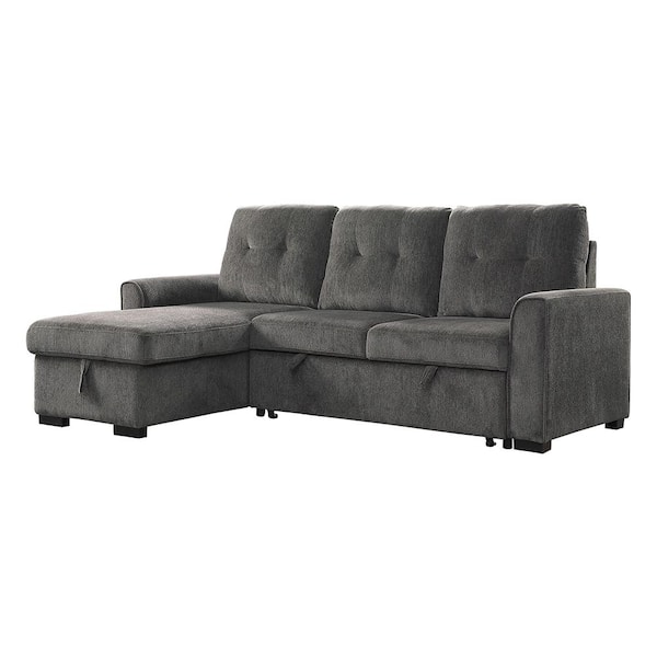 Lazzara Suri 90 in. Straight Arm 2-piece Chenille Reversible Sectional Sofa in Dark Gray with Pull-out Bed