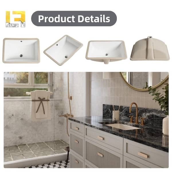 21 in. Undermount Bathroom Sink Rectangle, White Ceramic Vanity Sink with Overflow Hole, Lavatory Sink Under Counter