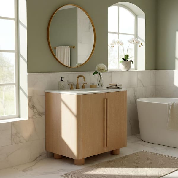 Cindybella 36 in. Single Sink Natural Bath Vanity with White Marble Top