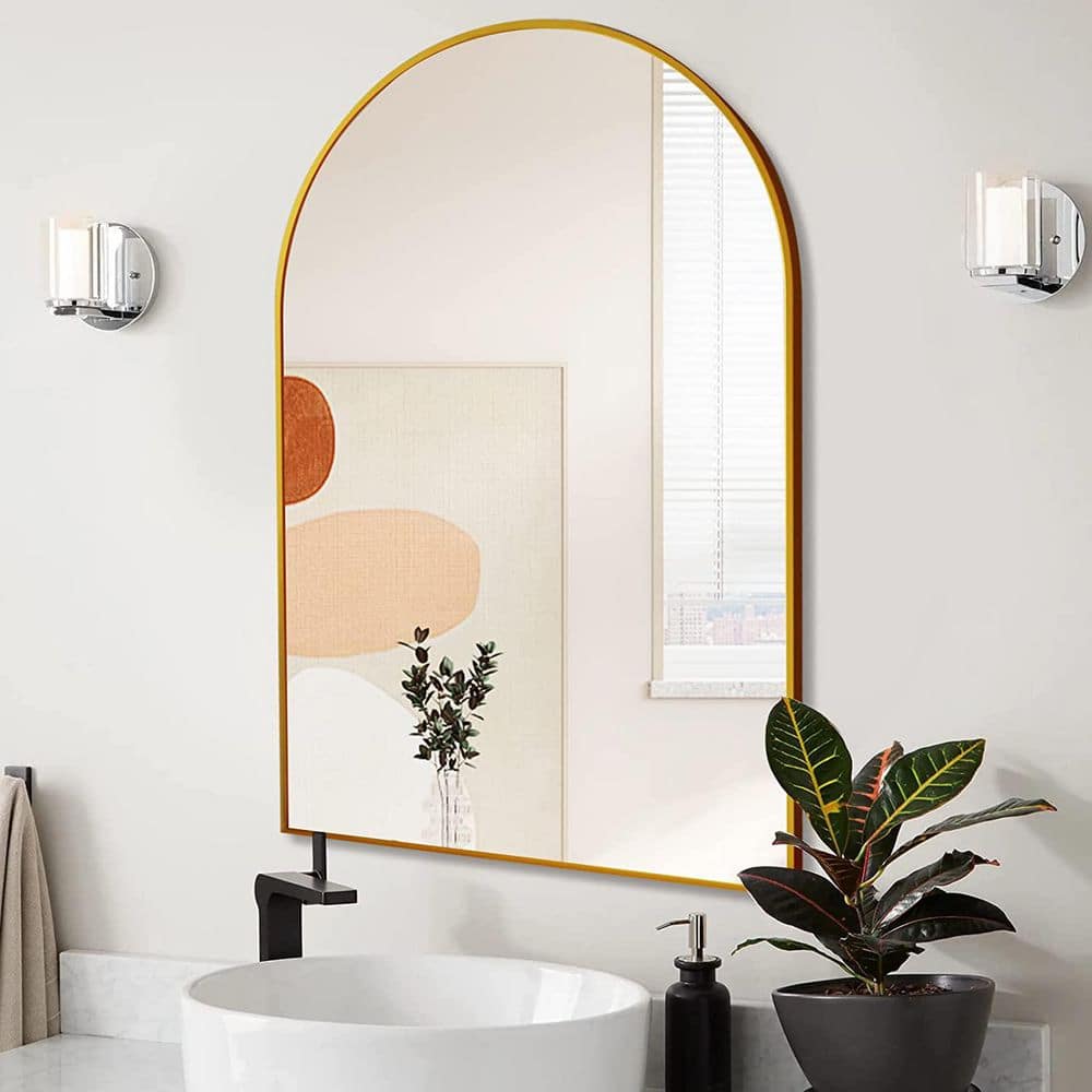 24 in. W x 36 in. H Arched Aluminum Framed Wall Bathroom Vanity Mirror in Gold price history on PriceWatchPro