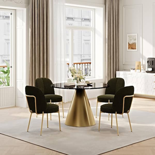 Clihome 5-Piece Dining Set Round Black Marble Top Table with Olive Green Teddy Plush Chairs