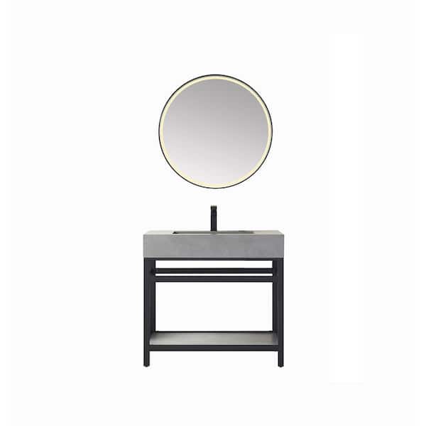 ROSWELL Bilbao 36 in. W x 22 in. D x 34 in. H Single Sink Bath Vanity in Matte Black with Grey Natural Stone Top and Mirror