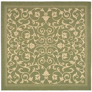Courtyard Olive/Natural 8 ft. x 8 ft. Square Border Indoor/Outdoor Patio  Area Rug