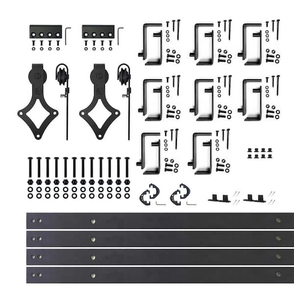 HOMACER 11 ft./132 in. Black Rustic Double Track Bypass U-Shape Sliding Barn Door Hardware Kit - Diamond Design Roller