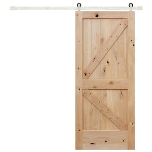 36 in. x 84 in. Rustic Unfinished 2-Panel Left Knotty Alder Wood Sliding Barn Door with Satin Nickel Hardware Kit