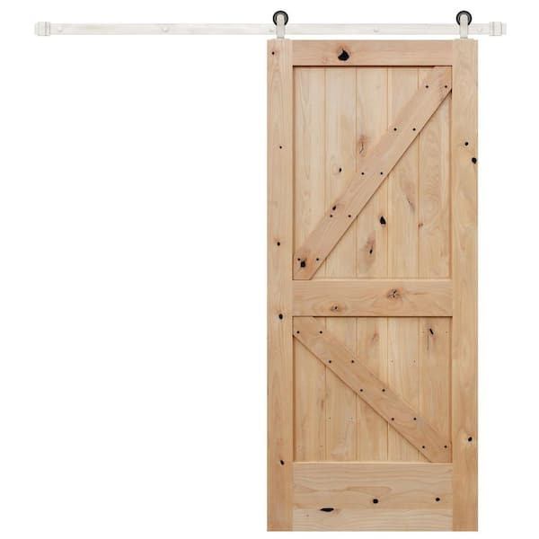 Pacific Entries 36 in. x 84 in. Rustic Unfinished 2-Panel Left Knotty Alder Wood Sliding Barn Door with Satin Nickel Hardware Kit