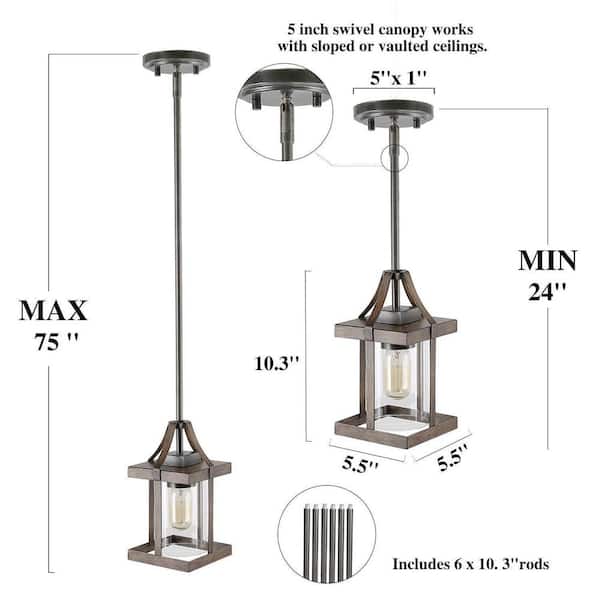LNC - 1-Light Rustic Caged Textured Dark Brown Farmhouse Pendant Light with Modern Clear Glass Shade and Antique Wood Accent