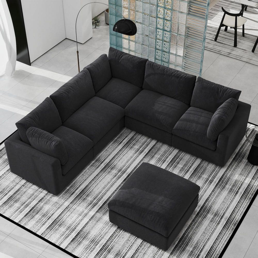 J&E Home 100.5 in. Square Arm Chenille Couch Modular Free Combination Sectional Sofa with Ottoman in Black JE-H142BK-Z+1 - The Home Depot