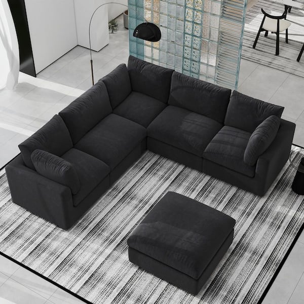 100.5 in. Square Arm Chenille Couch Modular Free Combination Sectional Sofa with Ottoman in Black
