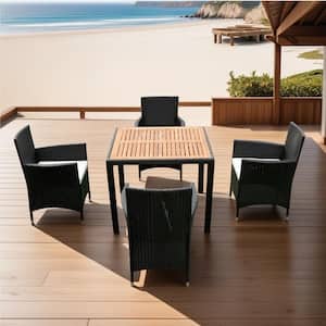 5-Piece Wicker Outdoor Dining Set with White Cushions