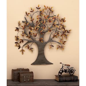 31 in. x  32 in. Metal Brown Indoor Outdoor Tree Wall Decor with Leaves