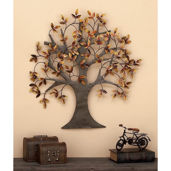 Litton Lane 31 in. x  32 in. Metal Brown Indoor Outdoor Tree Wall Decor with Leaves