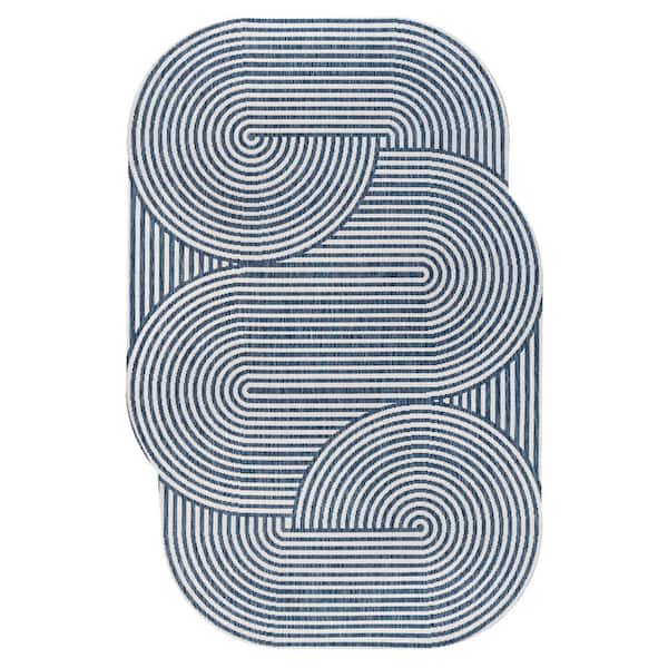 Margot Modern Geometric Arch Stripe Cream/Navy 6 ft. x 9 ft. Indoor/Outdoor Shaped Area Rug