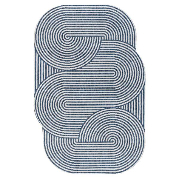 Margot Modern Geometric Arch Stripe Cream/Navy 8 ft. x 10 ft. Indoor/Outdoor Shaped Area Rug