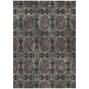 Gray and Black 5 ft. x 8 ft. Woven Floral;Medallion Rectangle Indoor/Outdoor Area Rug