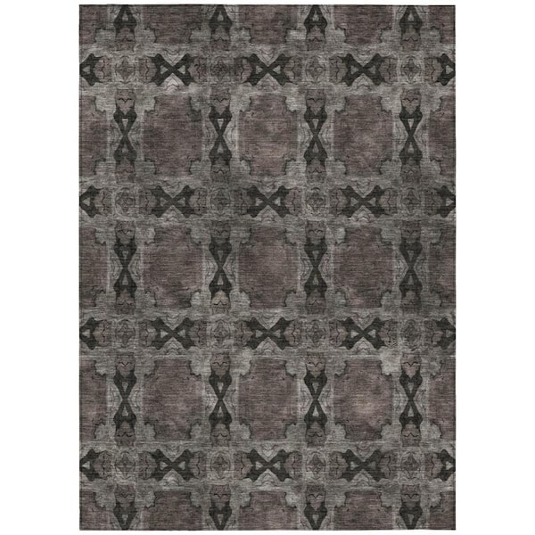 Gray and Black 5 ft. x 8 ft. Woven Floral;Medallion Rectangle Indoor/Outdoor Area Rug