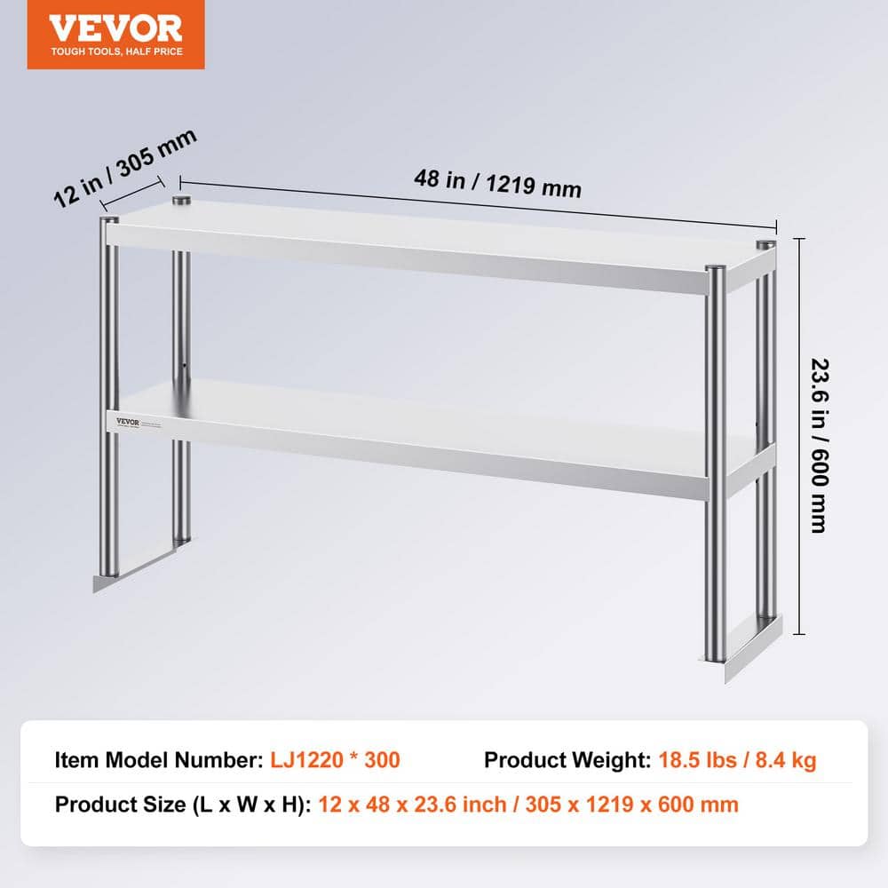 Adjustable Double Tier Stainless Steel Overshelf, 12 x 48 Inch