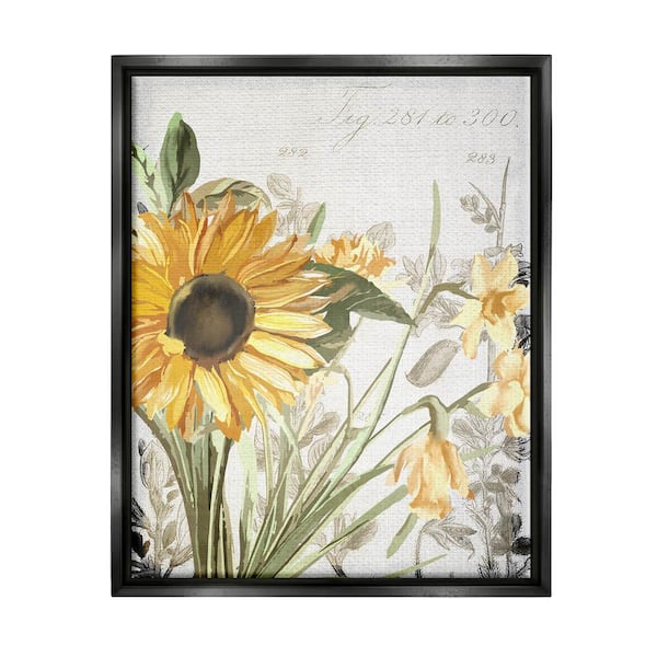 The Stupell Home Decor Collection Soft Sunflower Floral Over Vintage Plant Illustration by Kim Allen Floater Frame Nature Wall Art Print 17 in. x 21 in.