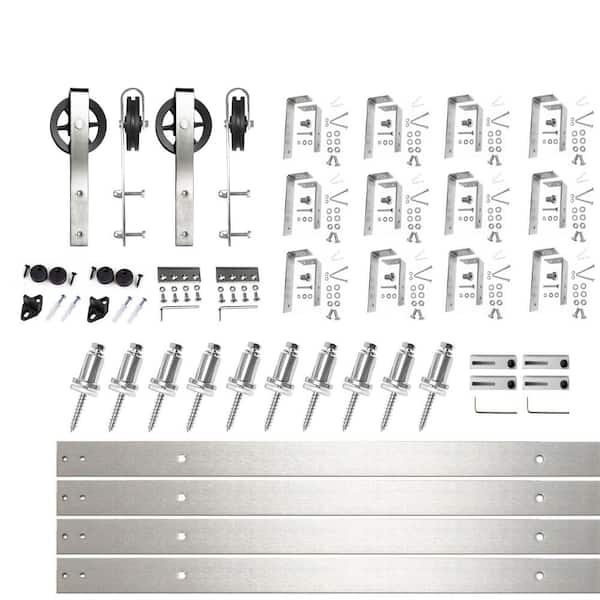 HOMACER 16 ft./192 in. Brushed Nickel Double Track Bypass U-Shape Sliding Barn Door Hardware Kit - Spoke Wheel Design Roller