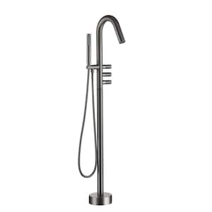 Freestanding Floor Mount 3-Handle Bath Tub Filler Faucet with Handheld Shower and Water Supply Lines in Gunmetal Gray