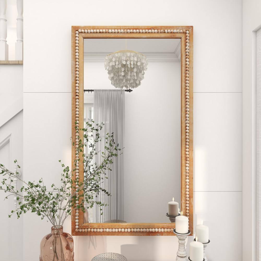 Light Brown Bohemian Wood Rectangular Wall Mirror with Beaded Detail