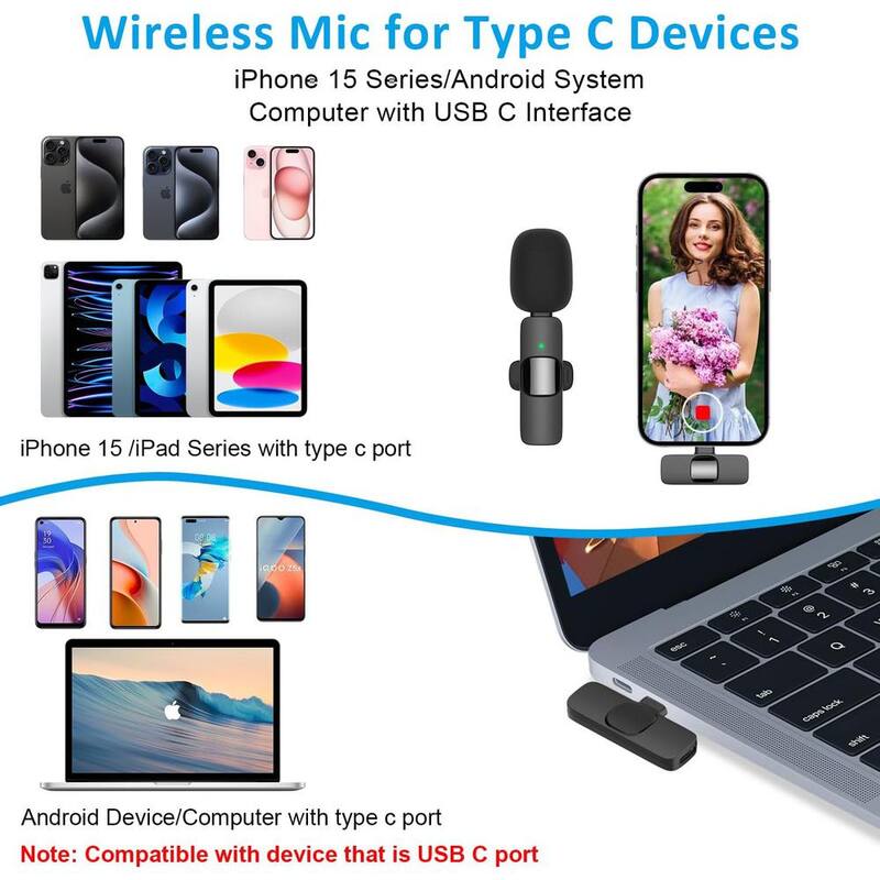 Professional Wireless Lavalier Microphone for USB C, iPhone 15 Series, Cordless Omnidirectional Sound Reception in Black