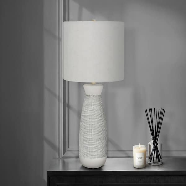 26 in. Gray and White Ceramic Table Lamp with Vase Shape and Beige Linen Drum Shade for Living Room, Bedroom and Office