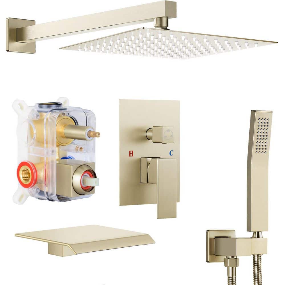 Single Handle 3-Spray Pattern 10 in. Wall Mount Shower Set Tub and Shower Faucet 1.8 GPM in Gold (Valve Included) price history on PriceWatchPro