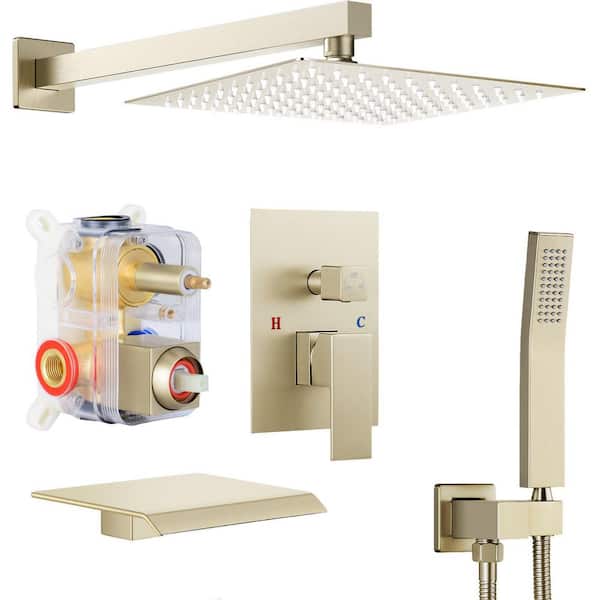 AKLFGN Single Handle 3-Spray Pattern 10 in. Wall Mount Shower Set Tub and Shower Faucet 1.8 GPM in Gold (Valve Included)
