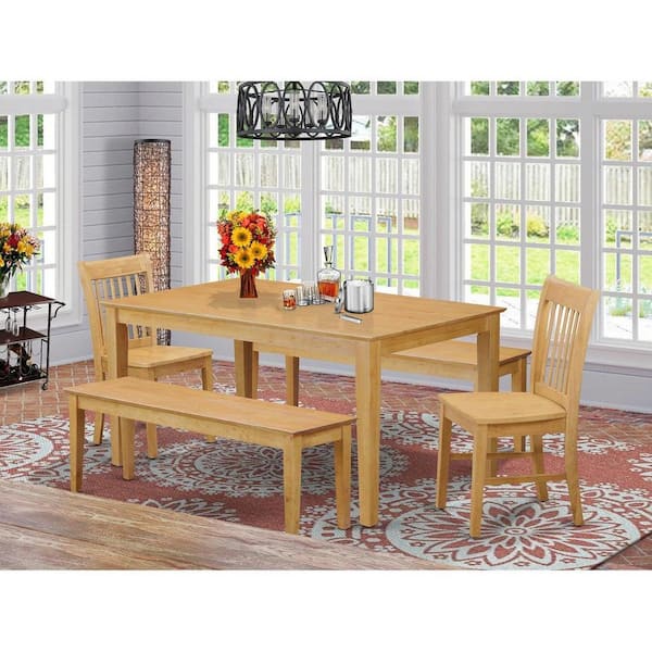 East West Furniture 5-Piece Rectangle Natural Oak Finish Solid Wood Top Dining Table with 2 Benches, 2 Chairs with Lattice Back
