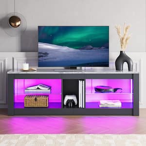 55 in. White Marble TV Stand with LED Lights Entertainment Center with Glass Shelves