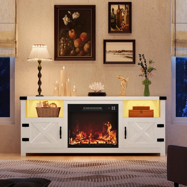 58 in. White TV Stand with Fireplace Fits TVs up to 65in. LED Entertainment Center with Storage Shelves and Cabinets
