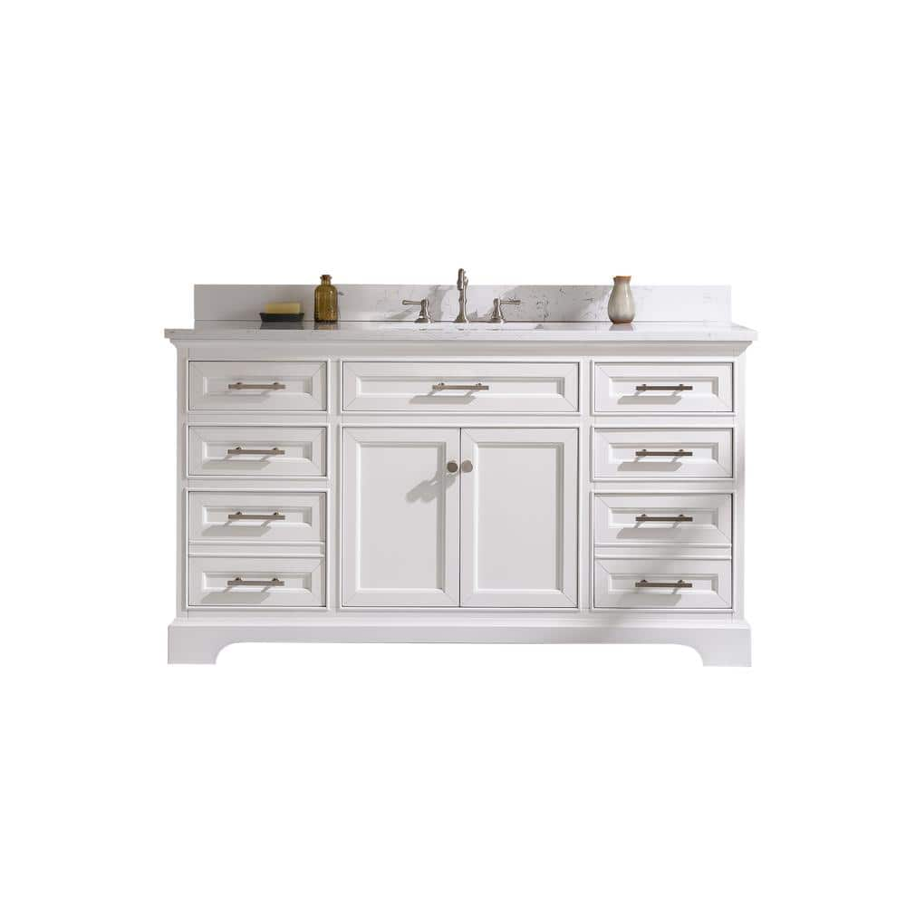 SUDIO Thompson 60 in. W x 22 in. D Bath Vanity in White with Engineered Stone Vanity Top in Carrara White with White Basin