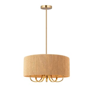 Collision 5-Light Gold Schoolhouse Chandelier with Wooden Paper Rope Shades